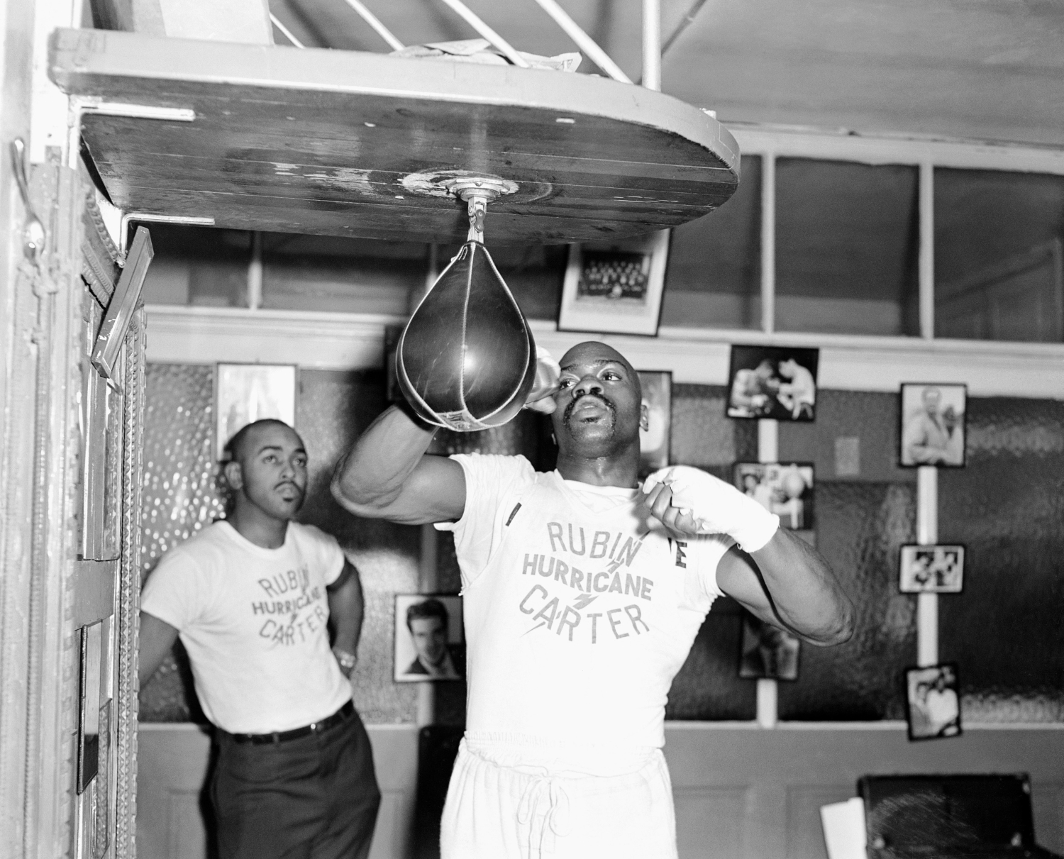 Rubin Carter working out in Joe Bloom's gym in preparation for his fight against Harry Scott at the Royal Albert Hall.