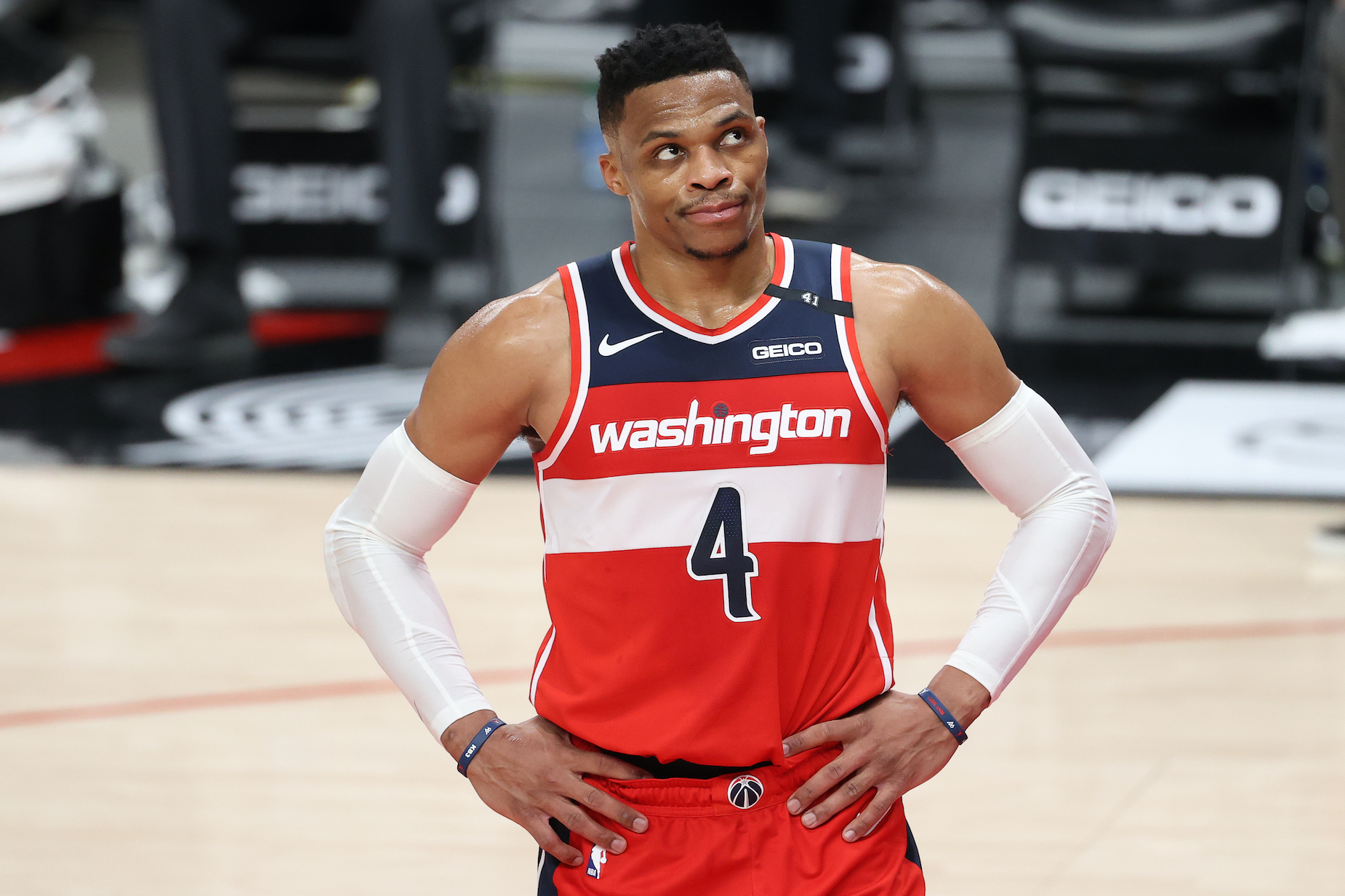 Washington Wizards guard Russell Westbrook stands on the court