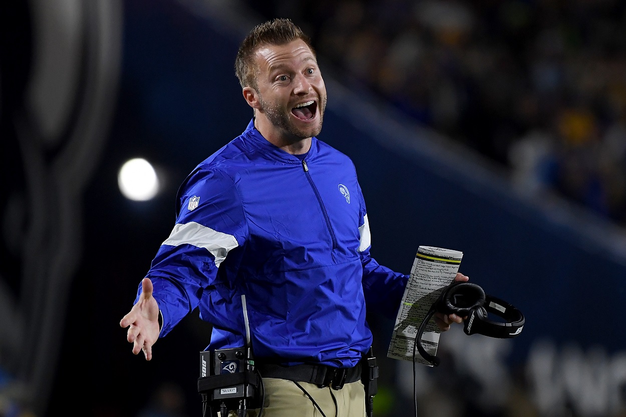 LA Rams head coach Sean McVay reacts to playing during a game.
