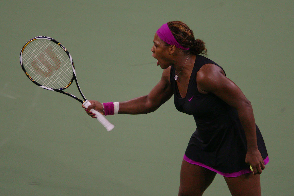 Tennis player Serena Williams argues a call during the 2009 US Open