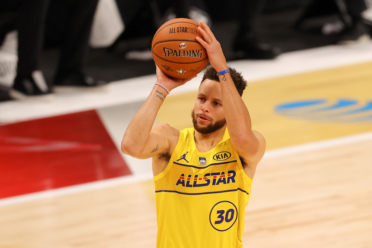 Stephen Curry attempts a 3-point shot during the 2021 NBA All-Star Game in Atlanta.