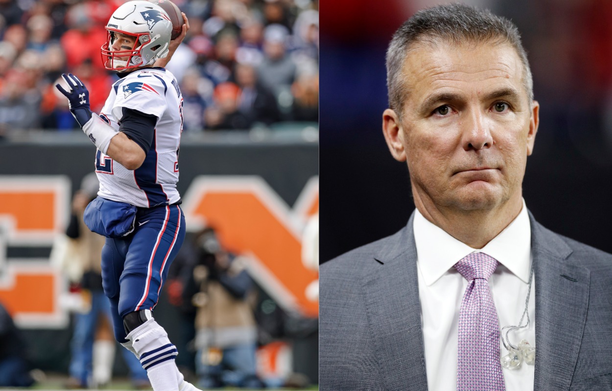 Tom Brady, then with the New England Patriots, and Urban Meyer in 2019.