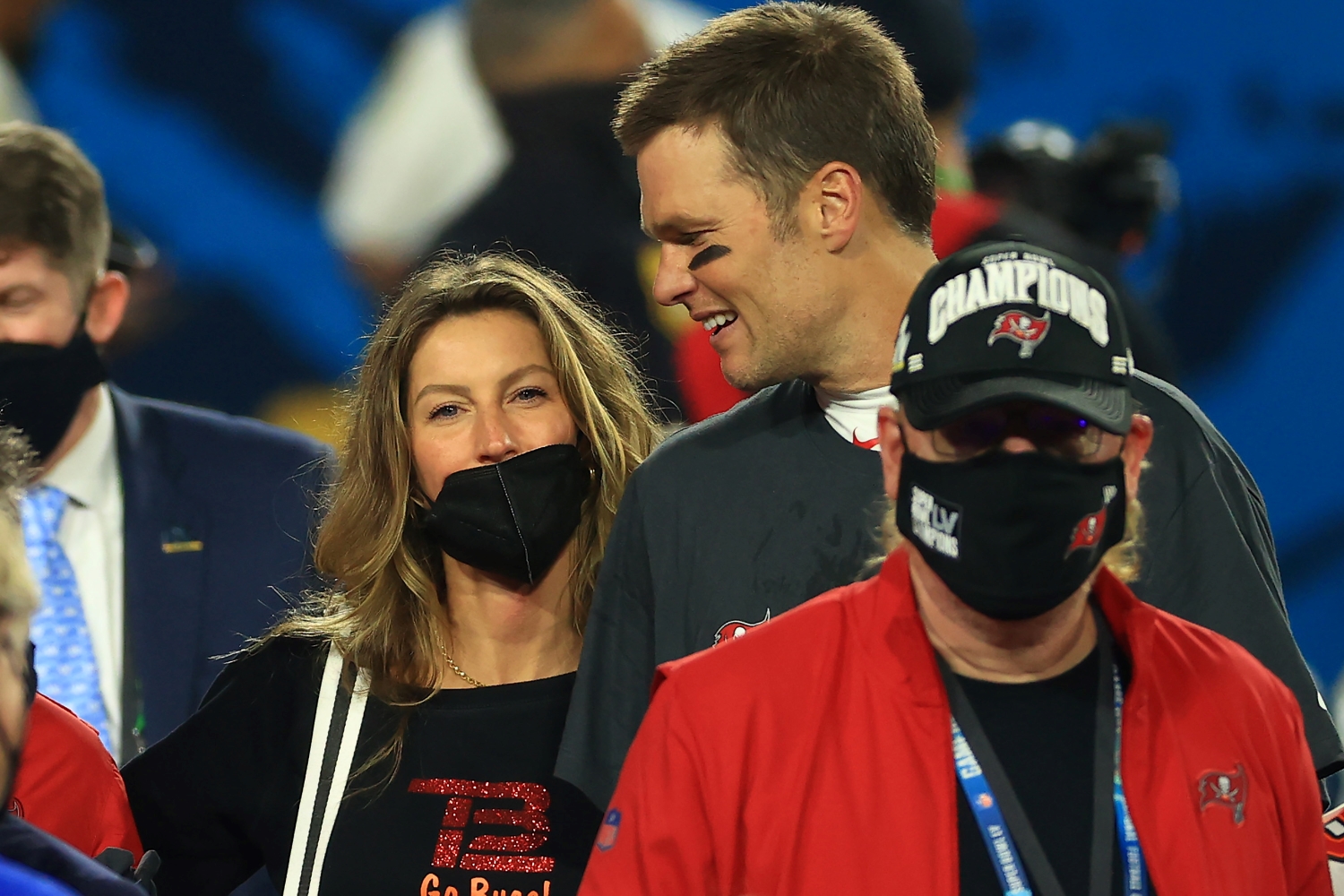 Tom Brady of the Tampa Bay Buccaneers celebrates with Gisele Bundchen after winning Super Bowl 55 on Feb. 7, 2021.