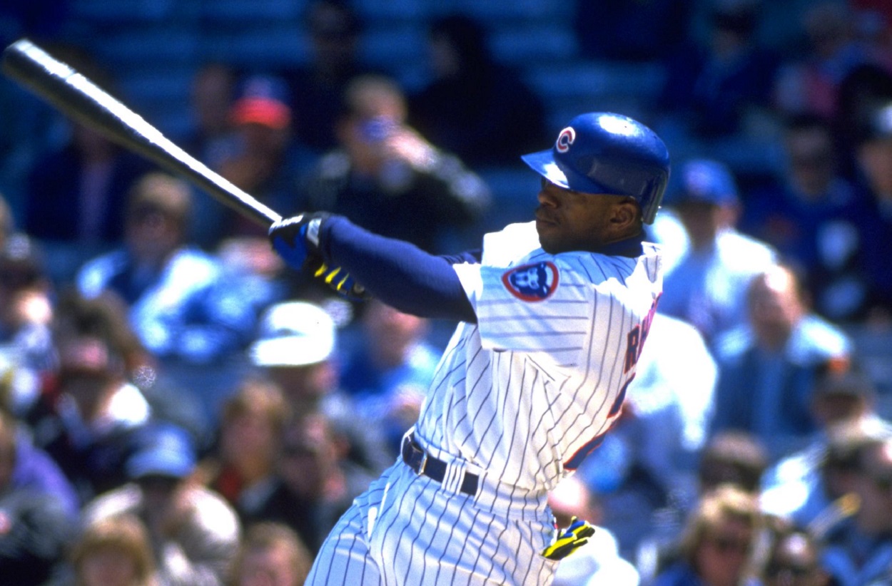 Tuffy Rhodes takes a swing for the Chicago Cubs in a 1994 game against the Padres