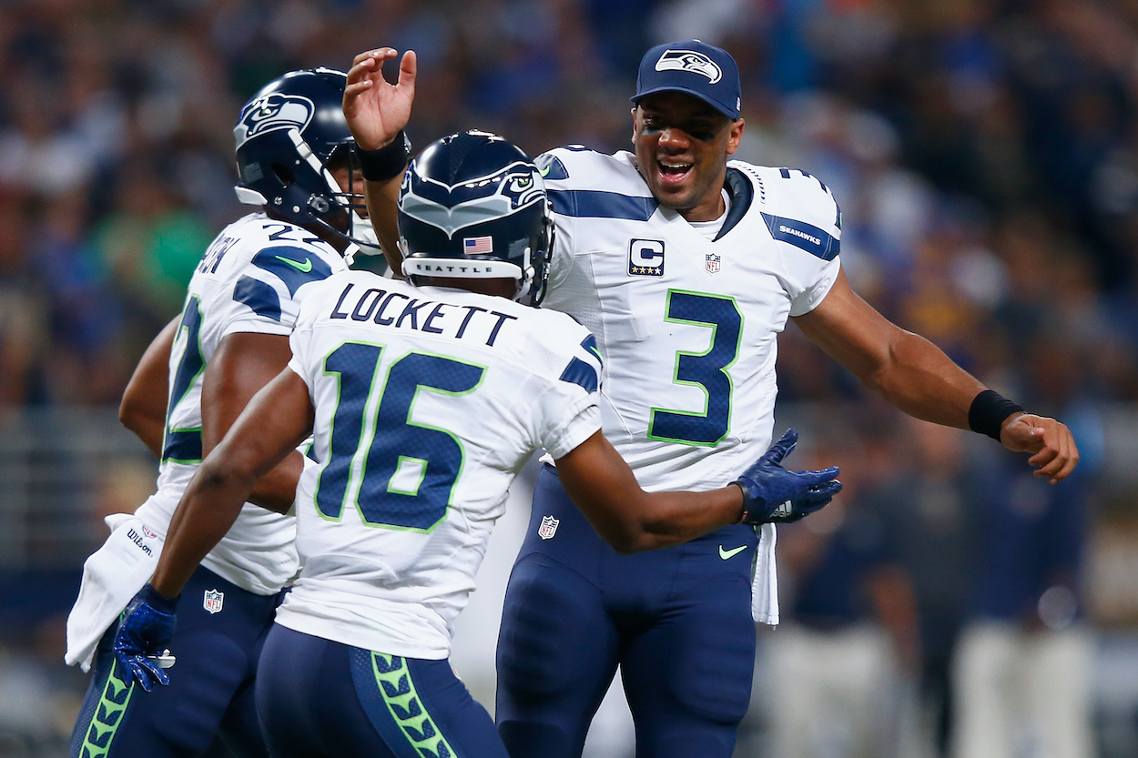 WR Tyler Lockett and QB Russell Wilson of the Seattle Seahawks