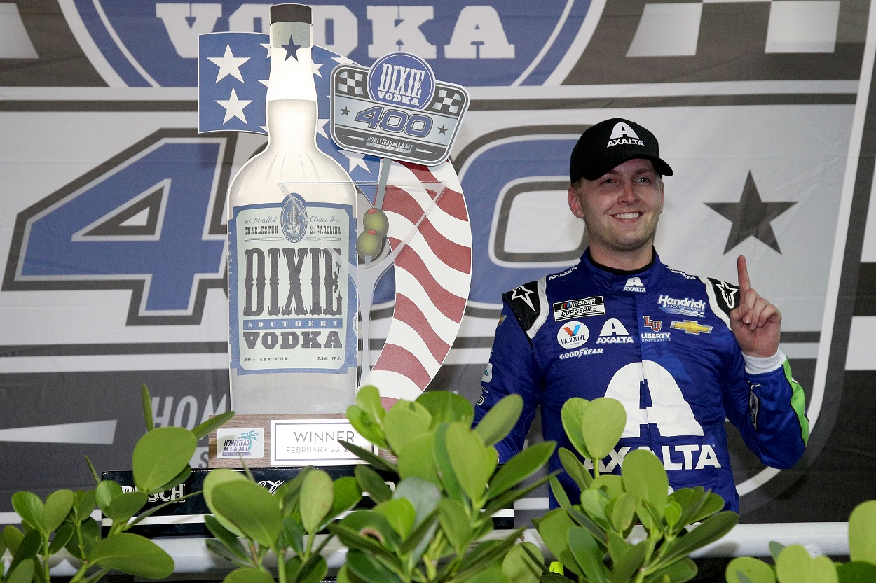 Hendrick Motorsports driver William Byron celebrates after winning the NASCAR Dixie Vodka 400