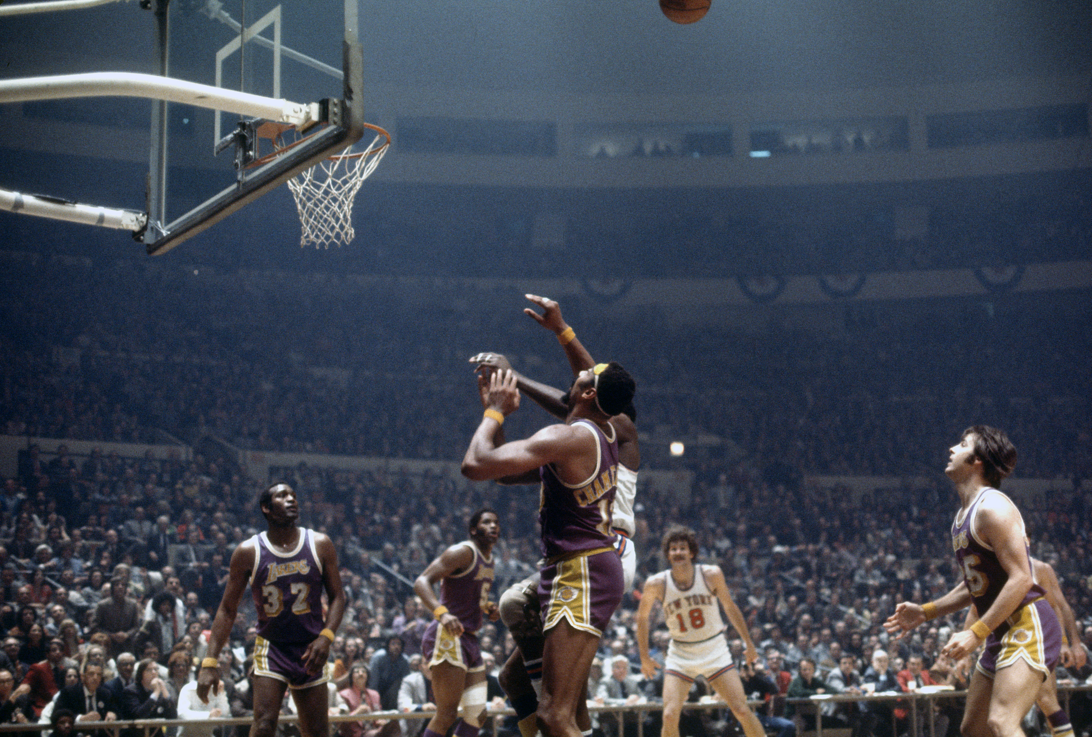 Wilt Chamberlain of the Los Angeles Lakers in action in 1972