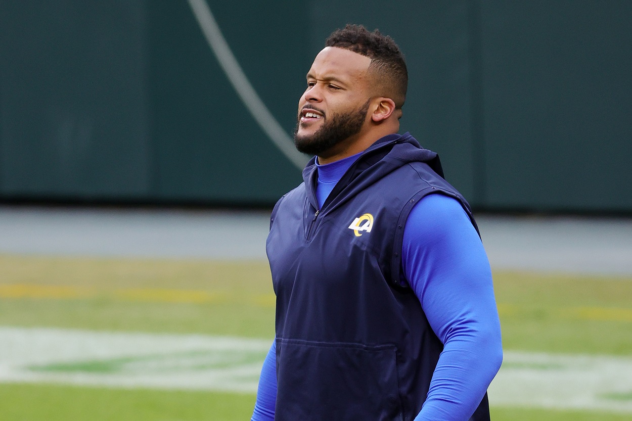 Aaron Donald ahead of the LA Rams' divisional round playoff matchup with the Green Bay Packers in January 2021