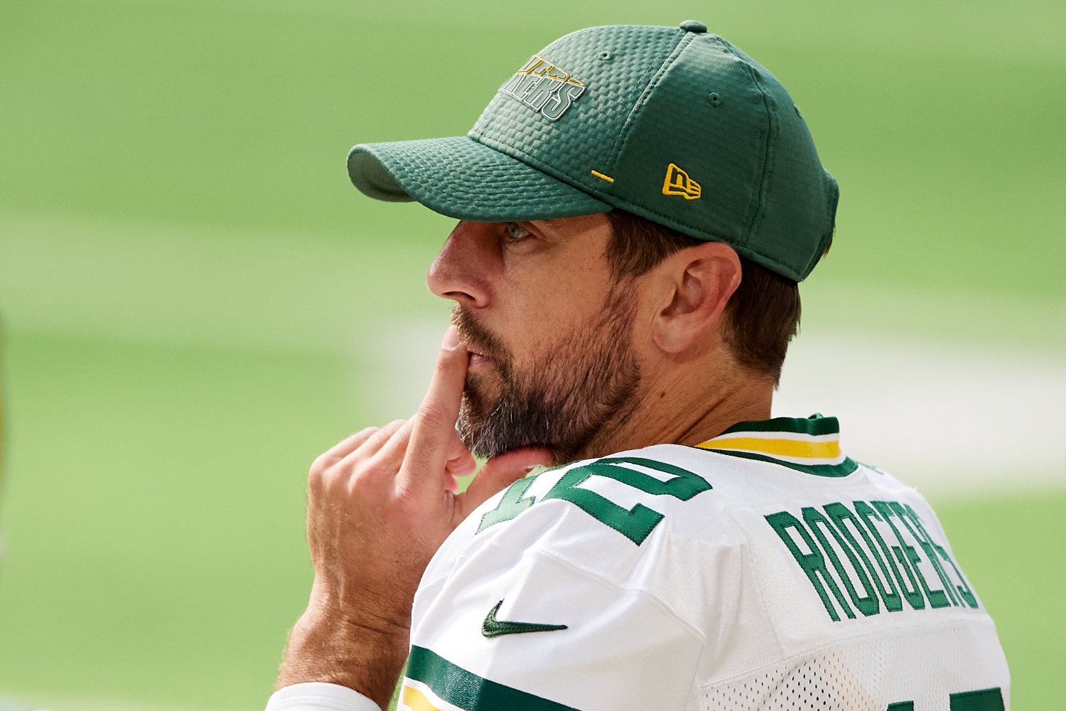 Green Bay Packers quarterback Aaron Rodgers looks on during a game against the Minnesota Vikings.