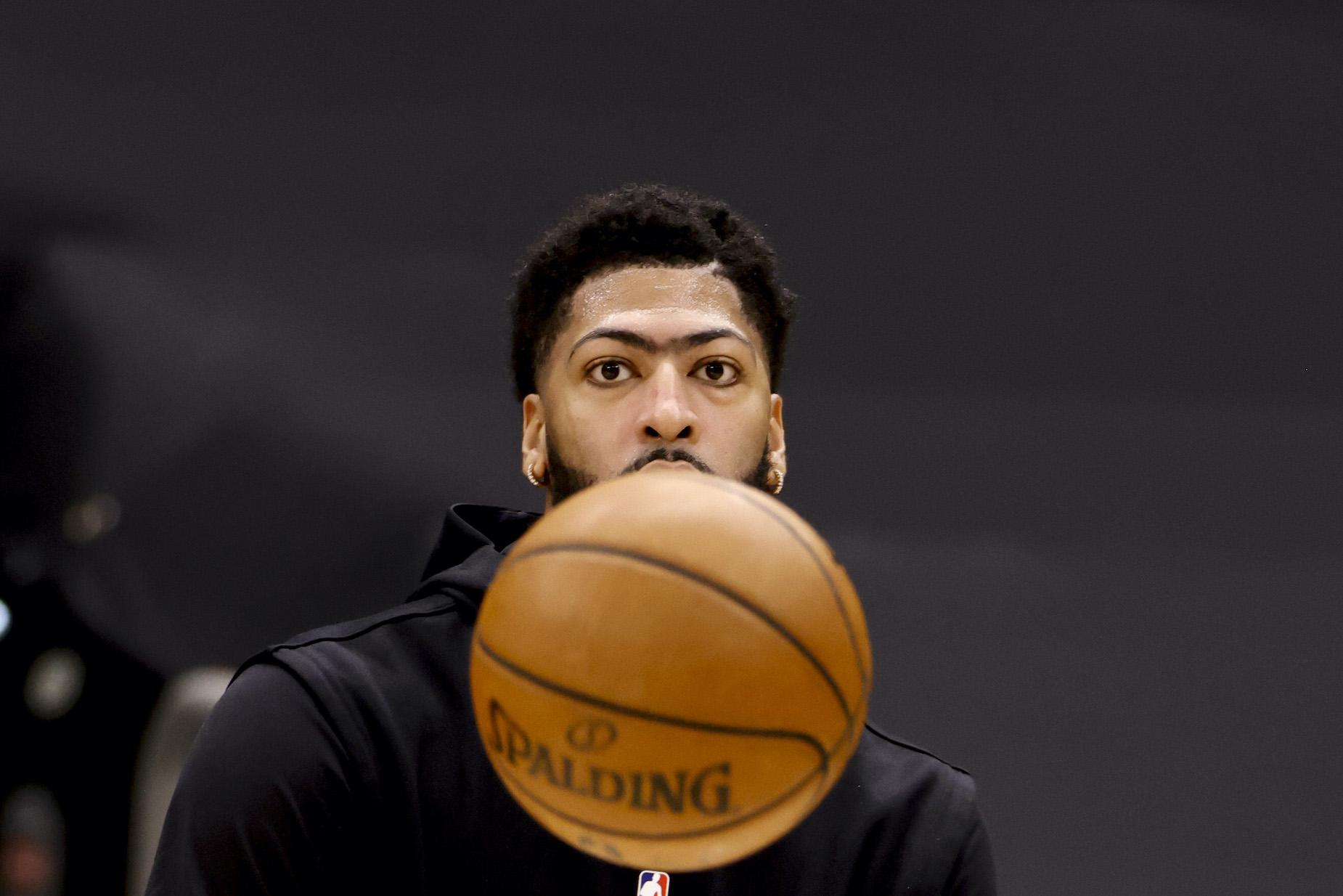 Lakers big man Anthony Davis on the court ahead of a game in April 2021.