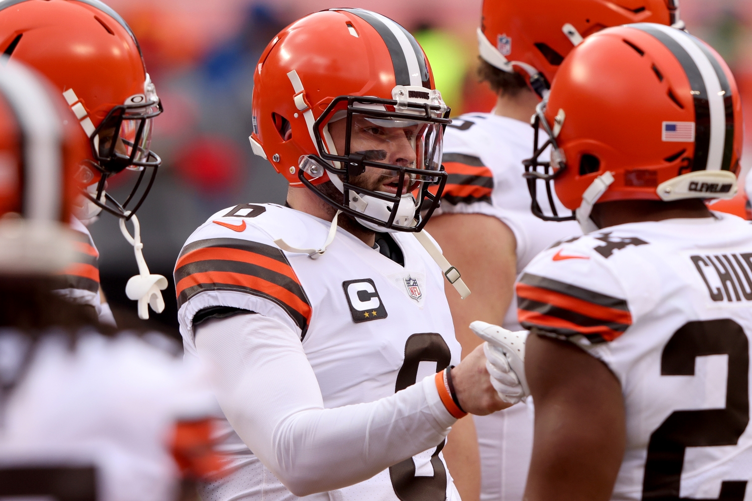 Cleveland Browns quarterback Baker Mayfield greets teammate Nick Chubb before a game.