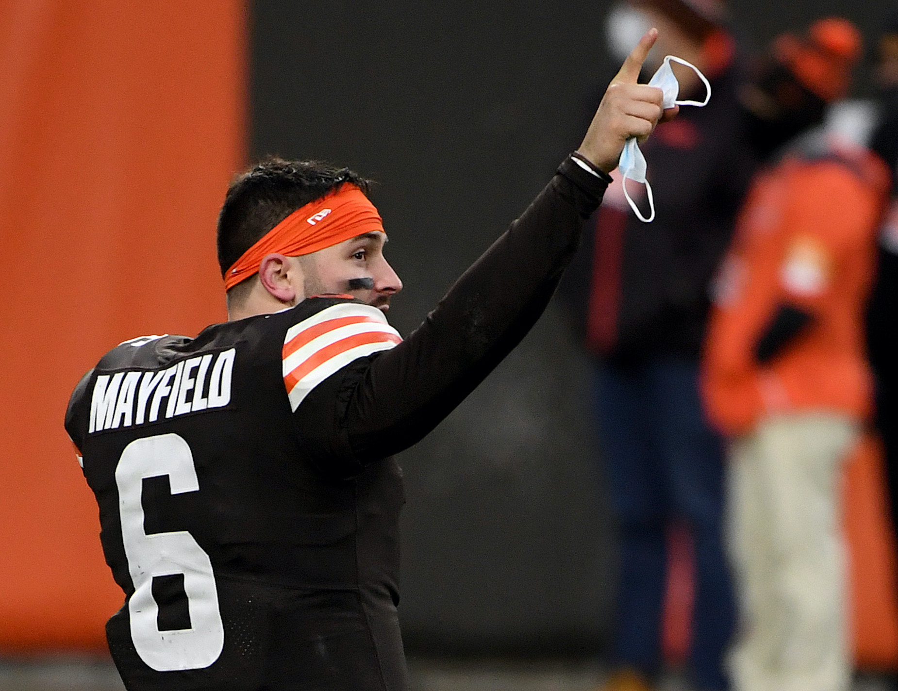 Cleveland Browns quarterback Baker Mayfield points after defeating the Pittsburgh Steelers