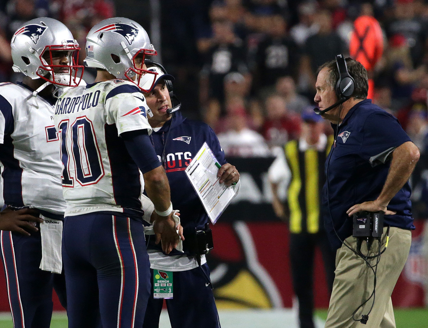 Bill Belichick talks to Jimmy Garoppolo