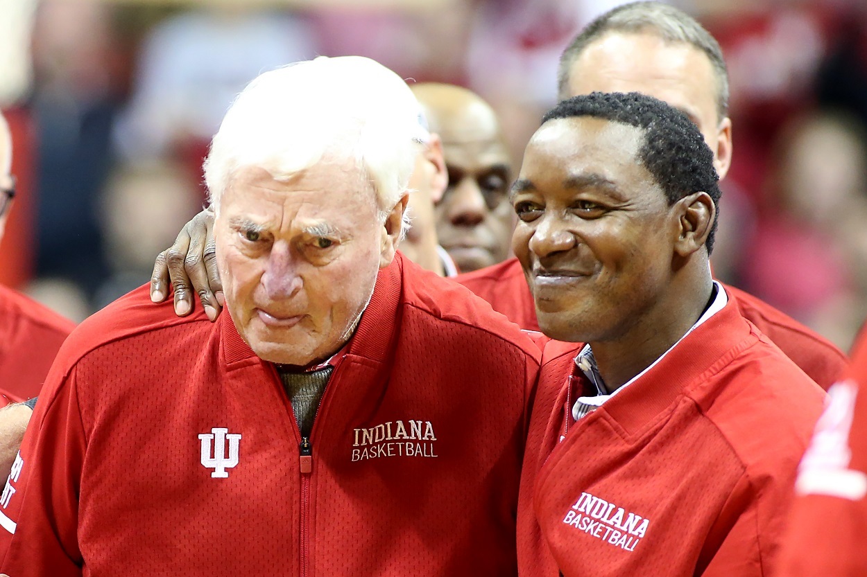 Former Hoosiers Bob Knight and Isiah Thomas during halftime of an Indiana vs. Purdue game in February 2020