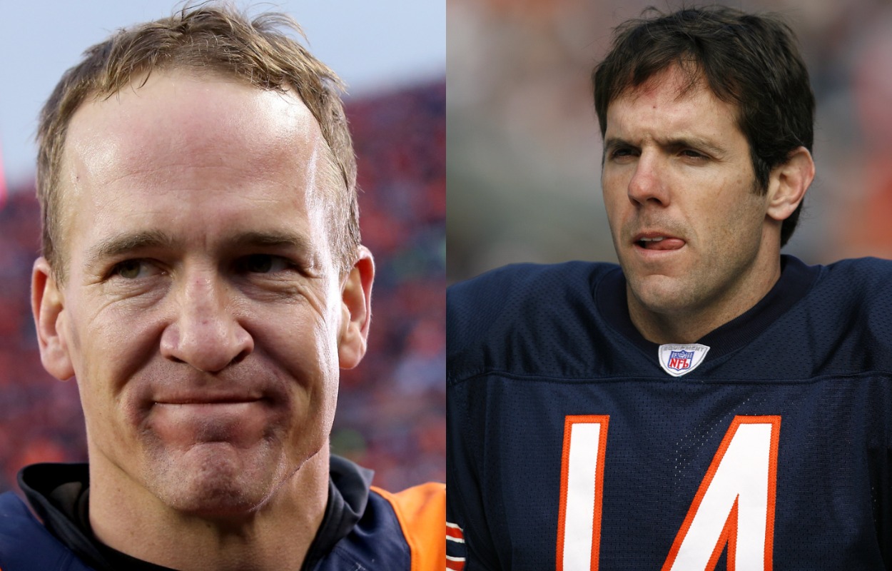 Former NFL quarterbacks Peyton Manning (L) and Brian Griese.