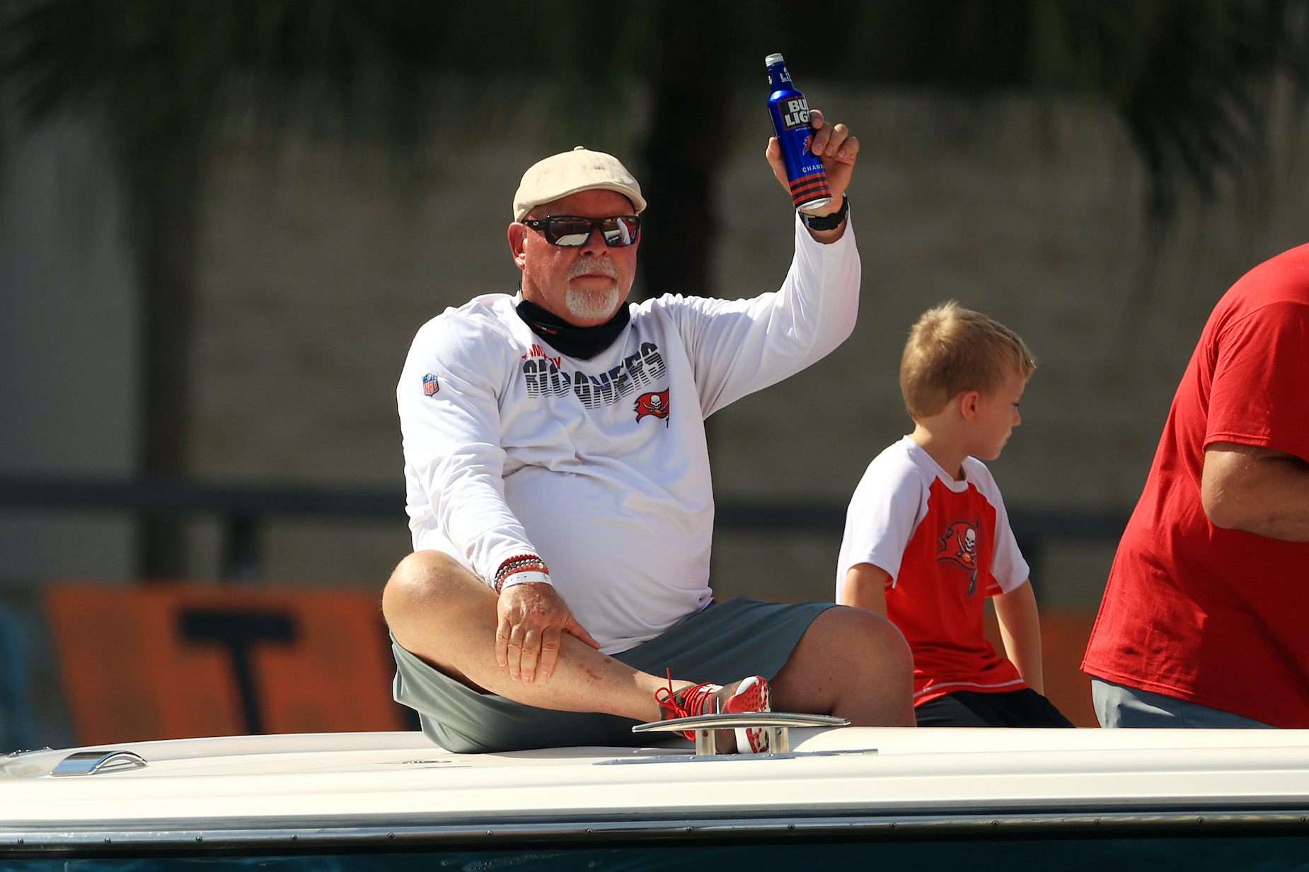 Head coach Bruce Arians celebrates during the Tampa Bay Buccaneers Super Bowl victory parade.