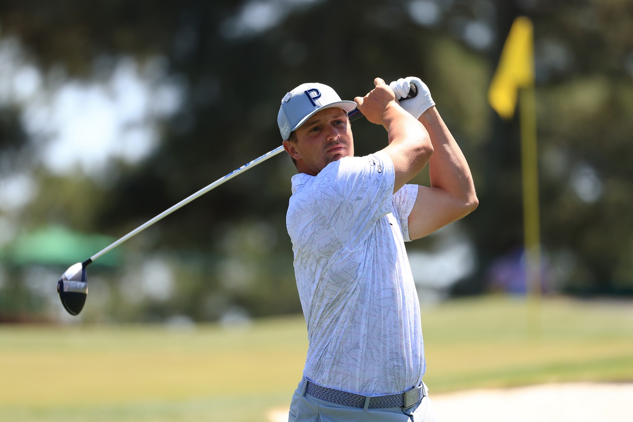 Bryson DeChambeau tees off during a practice round ahead of the 2021 edition of The Masters