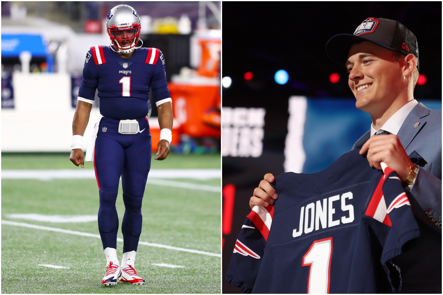 Cam Newton exits the field as Mac Jones holds up his New England Patriots jersey.