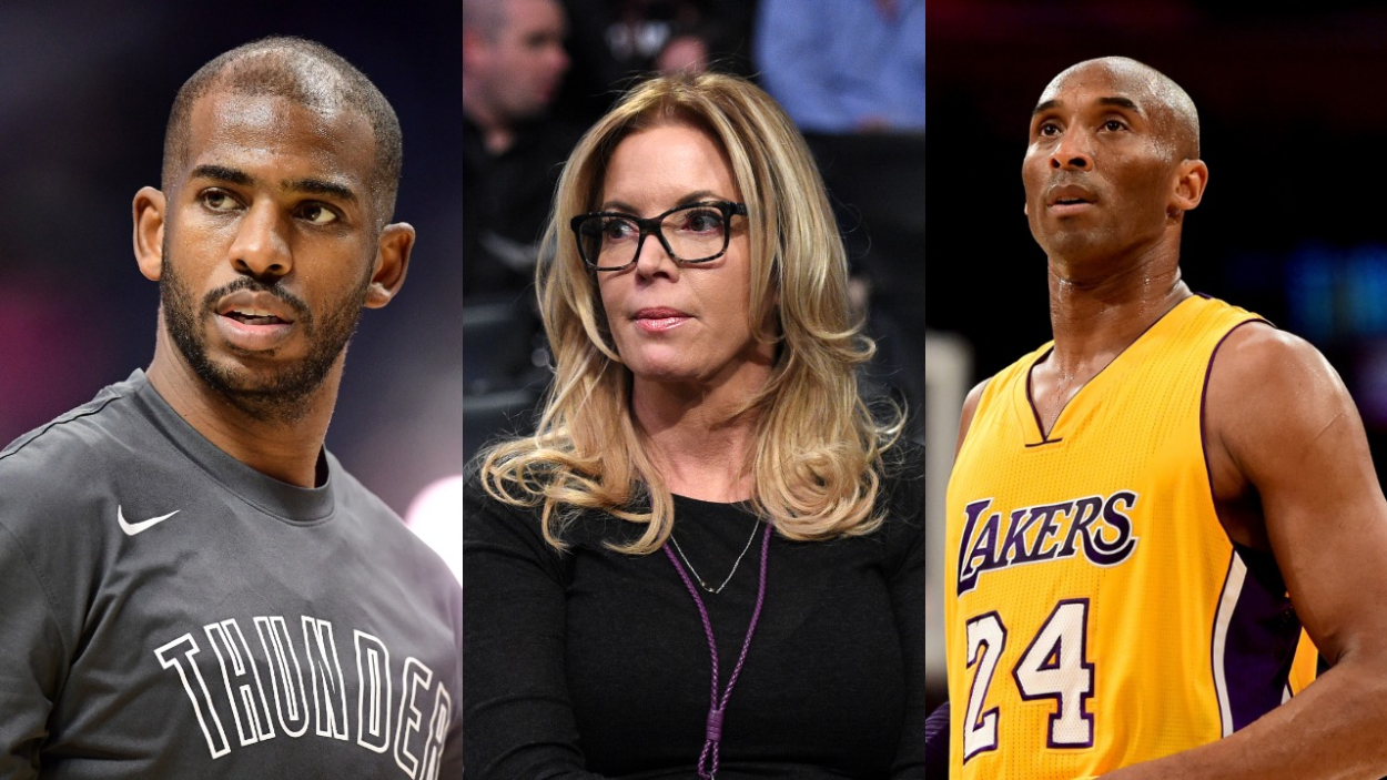 Point guard Chris Paul, Lakers owner Jeanie Buss, and NBA legend Kobe Bryant.