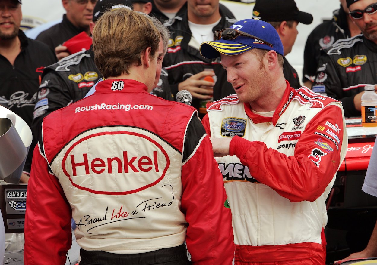 Dale Earnhardt Jr. talks with Carl Edwards