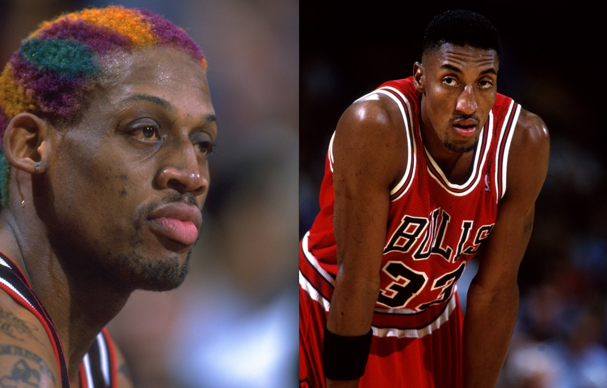 Dennis Rodman (L) gave future Chicago Bulls teammate Scottie Pippen a scar in 1991.