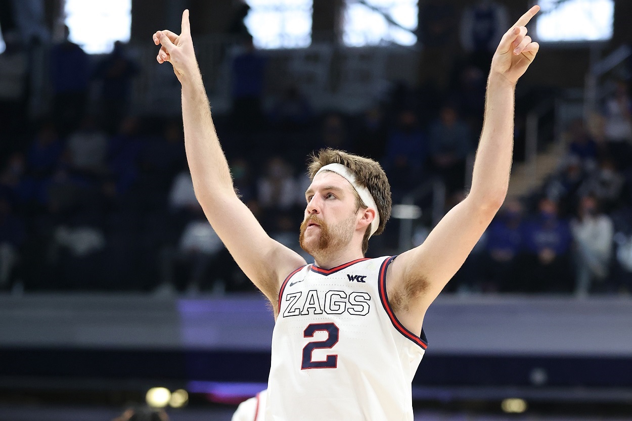 Gonzaga Bulldogs star Drew Timme celebrates during the Sweet 16 of the 2021 NCAA Tournament