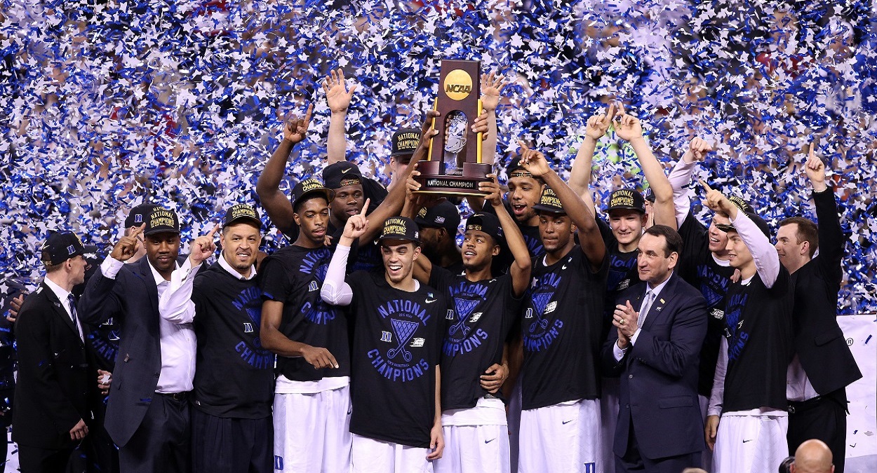 As 'One Shining Moment' plays, Duke celebrates winning the 2015 NCAA Tournament