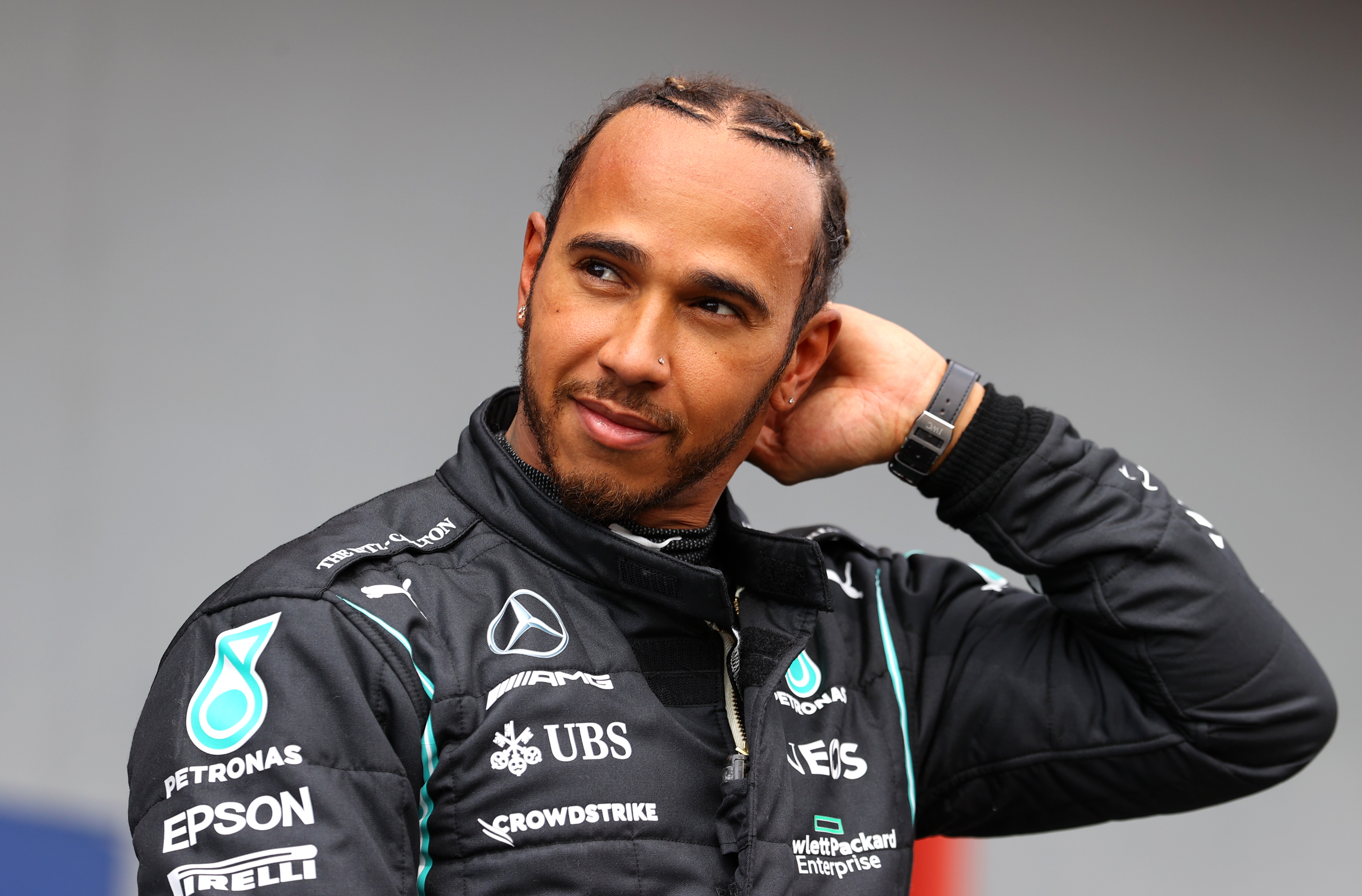 Lewis Hamilton of Mercedes GP looks on in parc ferme during qualifying ahead of the F1 Grand Prix of Emilia Romagna in Italy