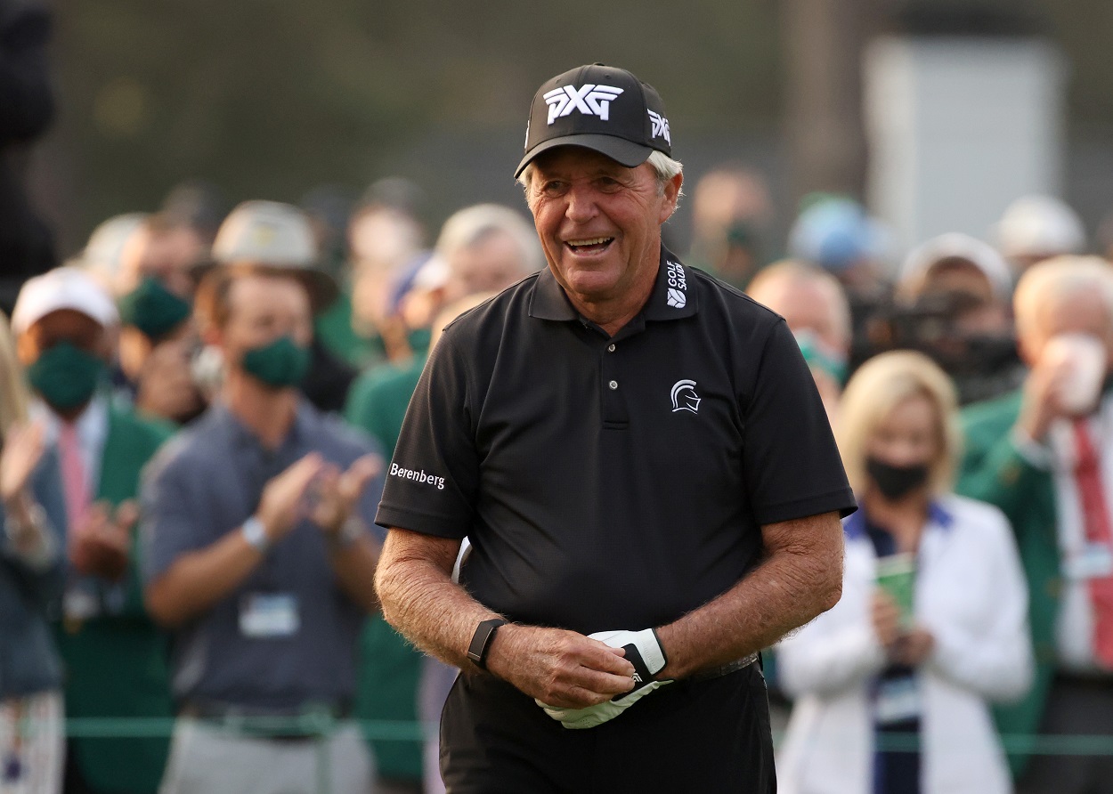 Gary Player prepares to tee off at the opening ceremony of the 2021 Masters
