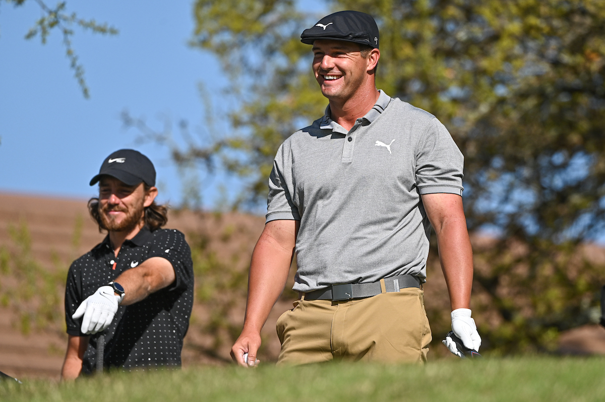 Bryson DeChambeau smiles during the 2021 World Golf Championships