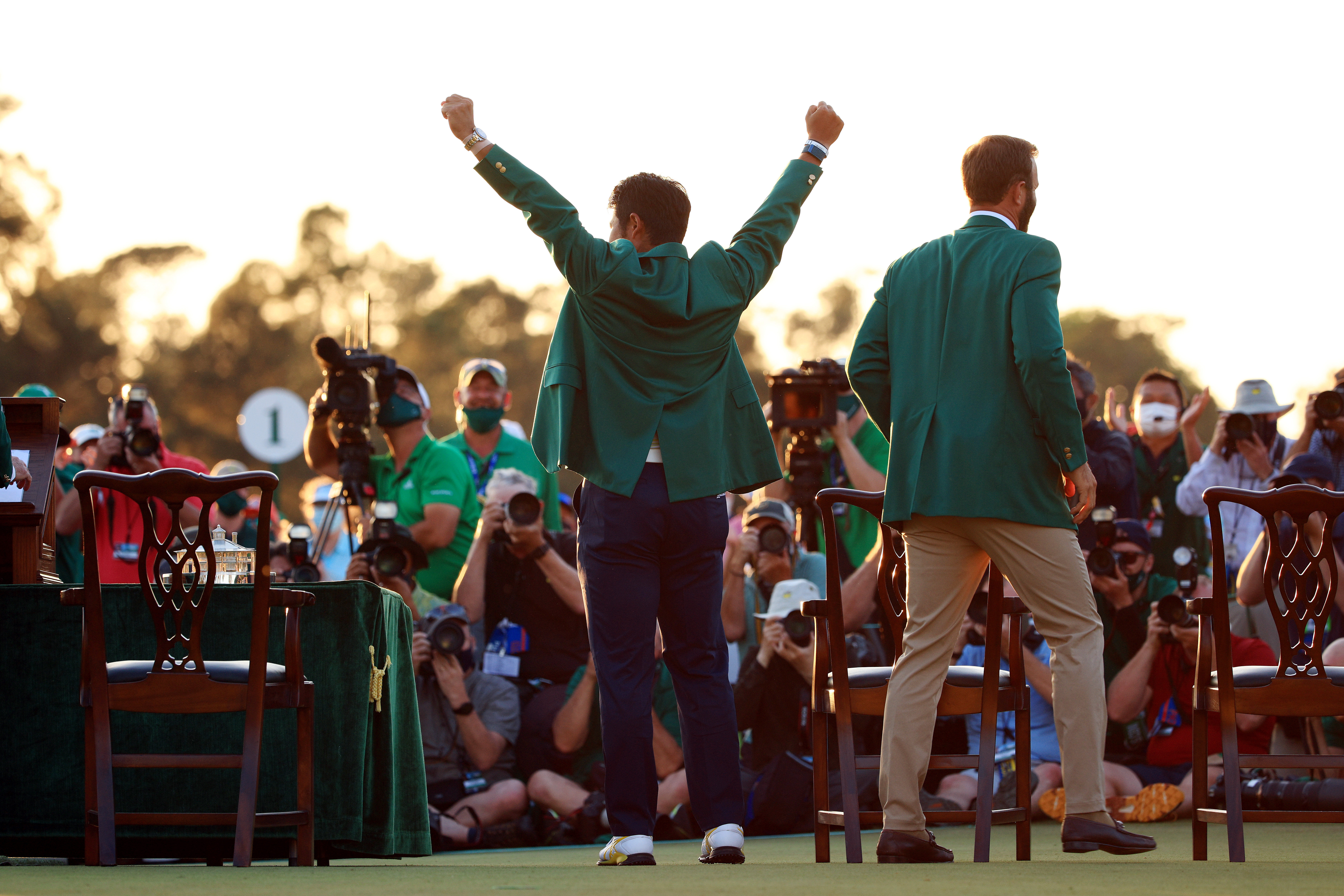 Hideki Matsuyama of Japan celebrates during the Green Jacket Ceremony after winning the 2021 Masters