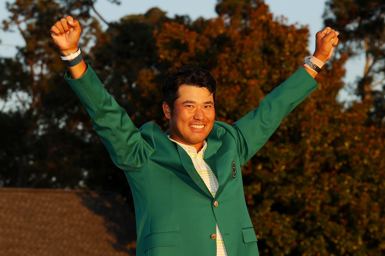 Hideki Matsuyama celebrates after winning the 2021 edition of The Masters
