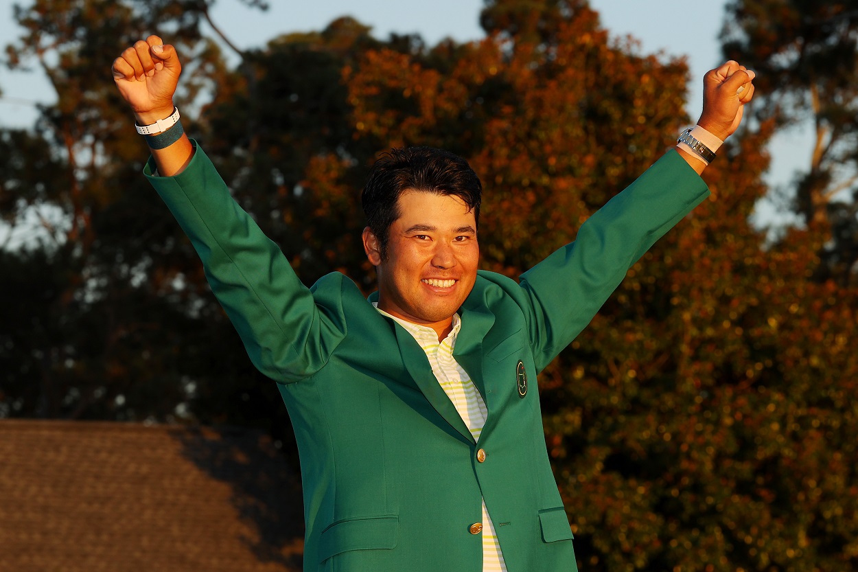 Hideki Matsuyama celebrates after winning the 2021 edition of The Masters