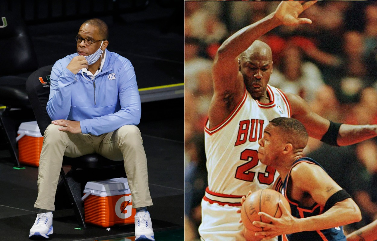 New North Carolina men's basketball coach Hubert Davis (L) matched up with Michael Jordan (white jersey) during their NBA careers. The two even played together in Washington. 