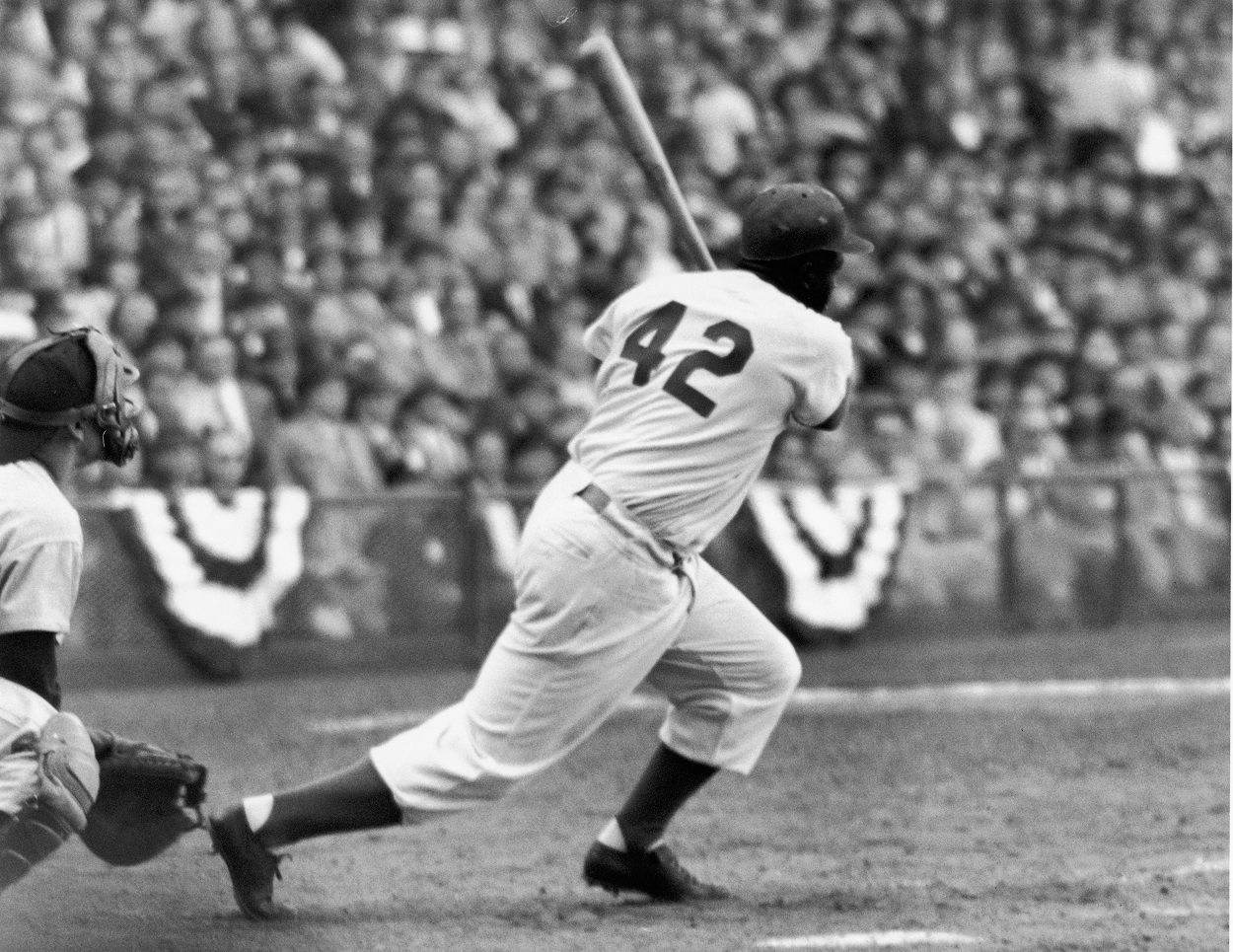 Brooklyn Dodgers legend Jackie Robinson in his famous No. 42 jersey