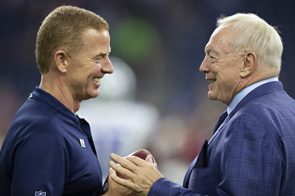 Now-former Dallas Cowboys head coach Jason Garrett and owner Jerry Jones in 2018
