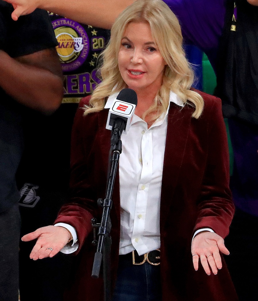 Los Angeles Lakers managing owner Jeanie Buss speaks after the team's victory over the Miami Heat in the 2020 NBA championship series in Lake Buena Vista, Florida. | Mike Ehrmann/Getty Images