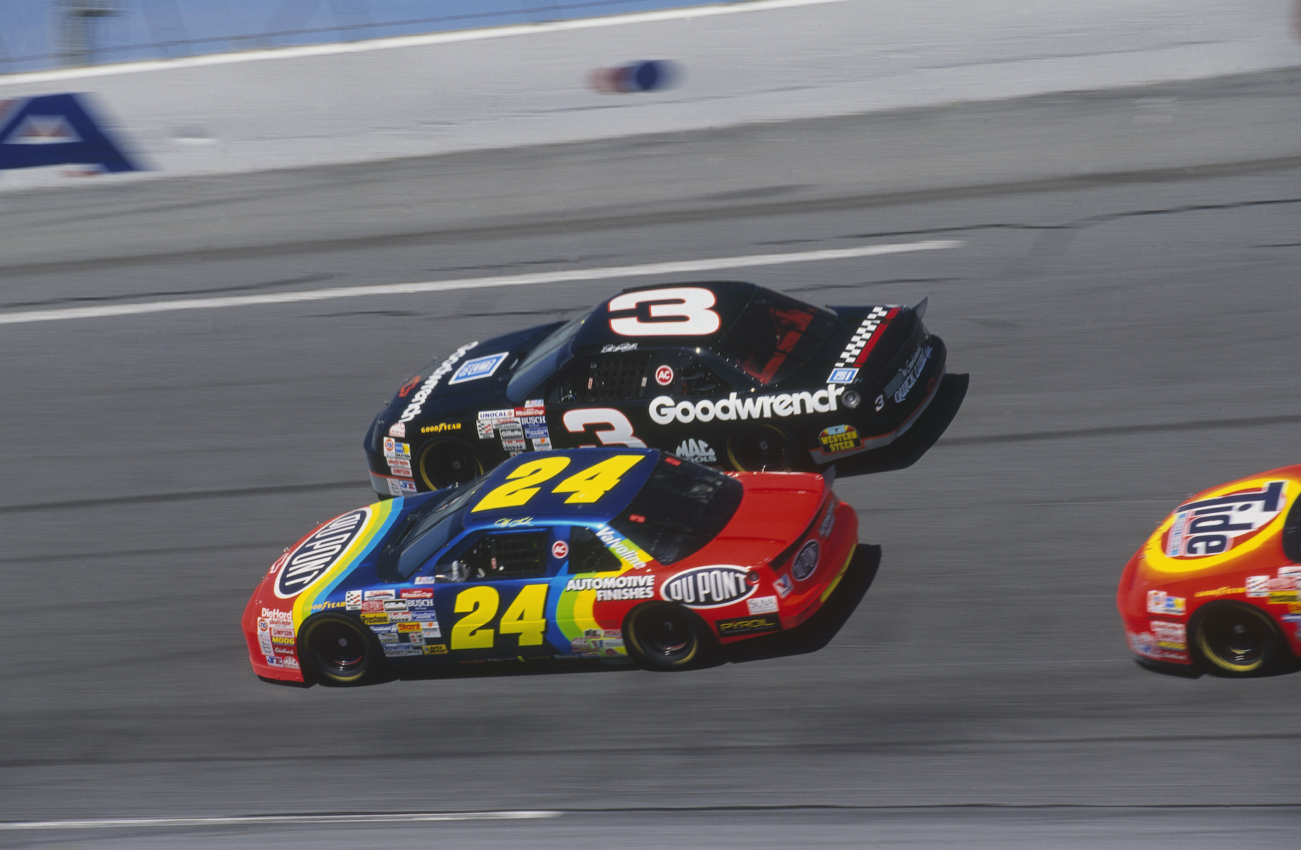NASCAR stars Jeff Gordon and Dale Earnhardt do battle at the 1993 Daytona 500.
