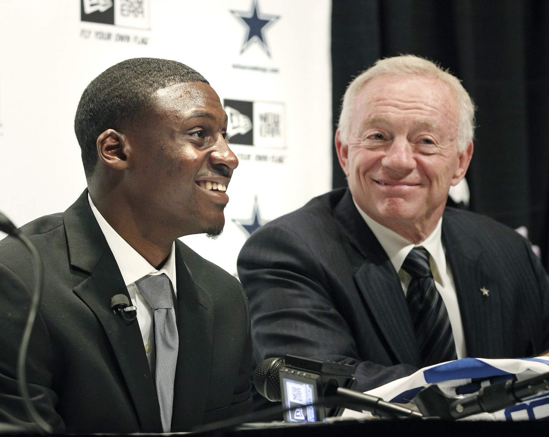 Jerry Jones and Dallas Cowboys draft pick Morris Claiborne during a press conference.