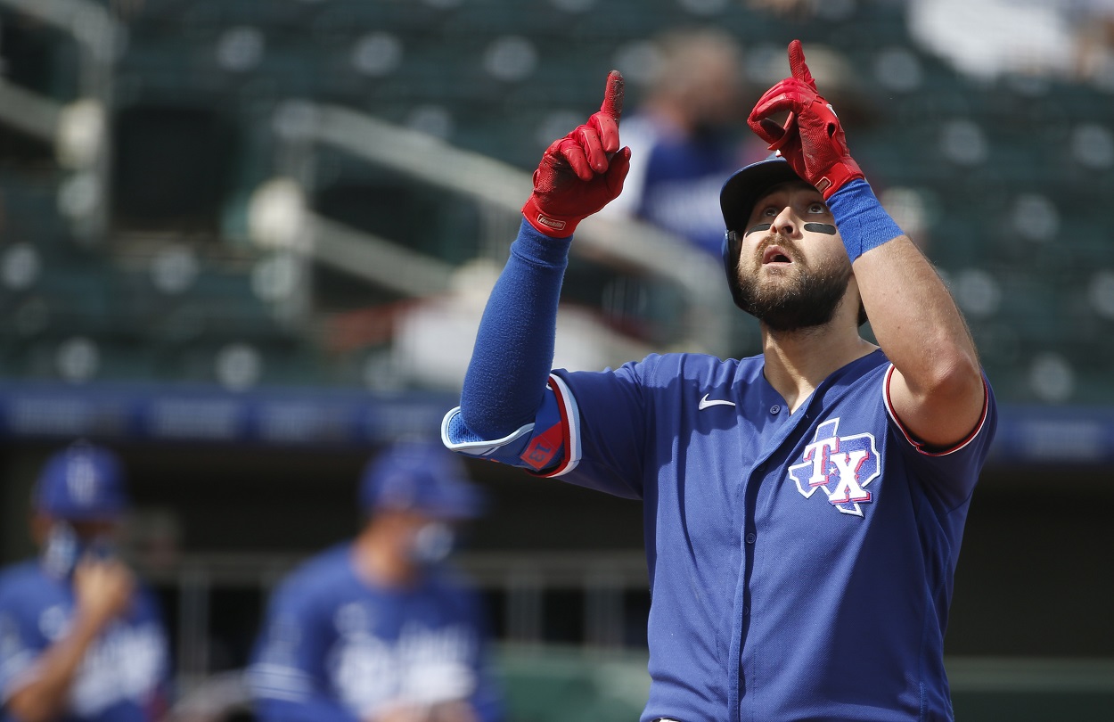 Texas Rangers outfielder Joey Gallo after hitting a home run in spring training in March 2021