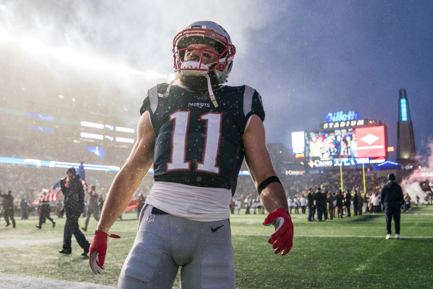 New England Patriots wide receiver Julian Edelman looks up at the crowd before a game.