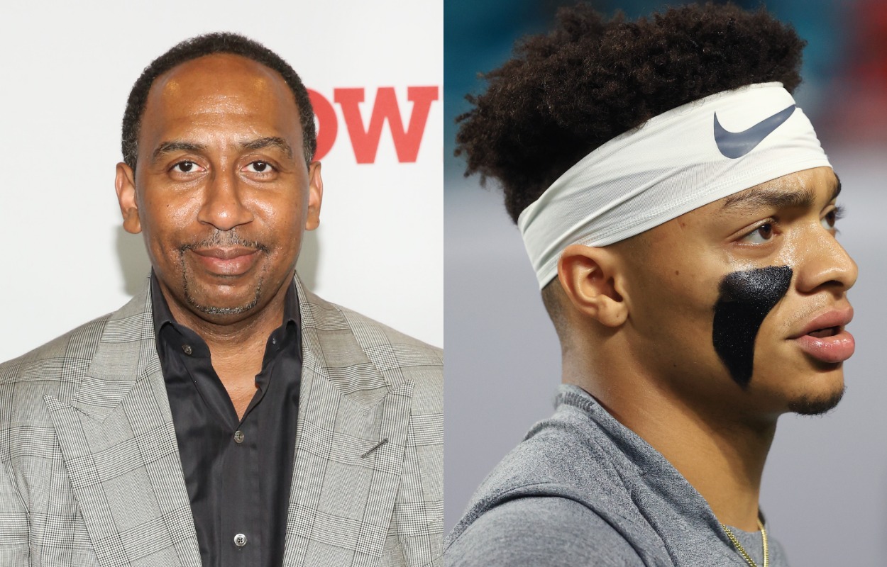ESPN star Stephen A. Smith (L) and former Ohio State quarterback Justin Fields. | Monica Schipper/WireImage via Getty Images; Mike Ehrmann/Getty Images