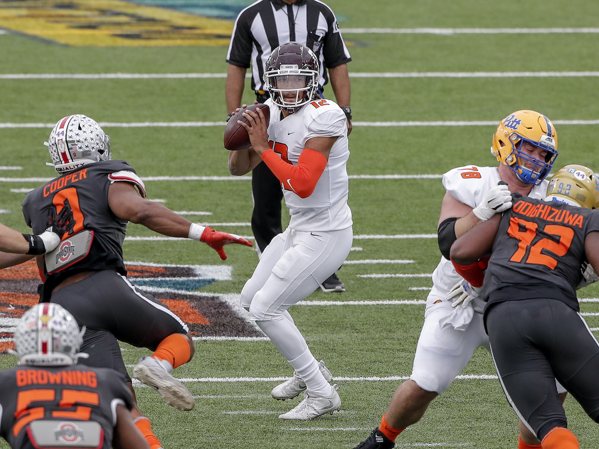 Quarterback Kellen Mond, a 2021 NFL draft prospect from Texas A&M drops back on a pass play during the 2021 Reese's Senior Bowl