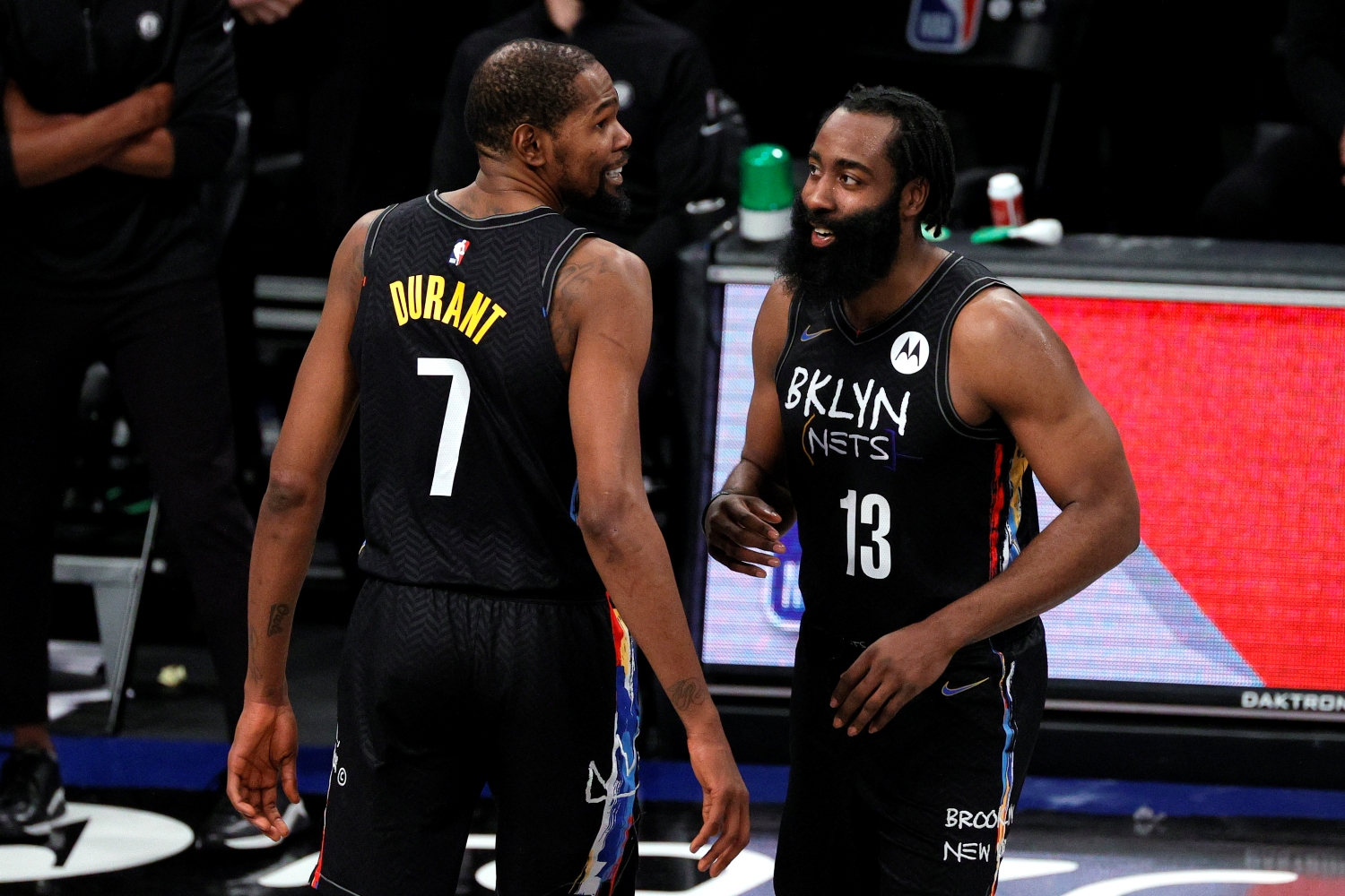 Brooklyn Nets star Kevin Durant and James Harden react after a play during the second half of a game against the LA Clippers.