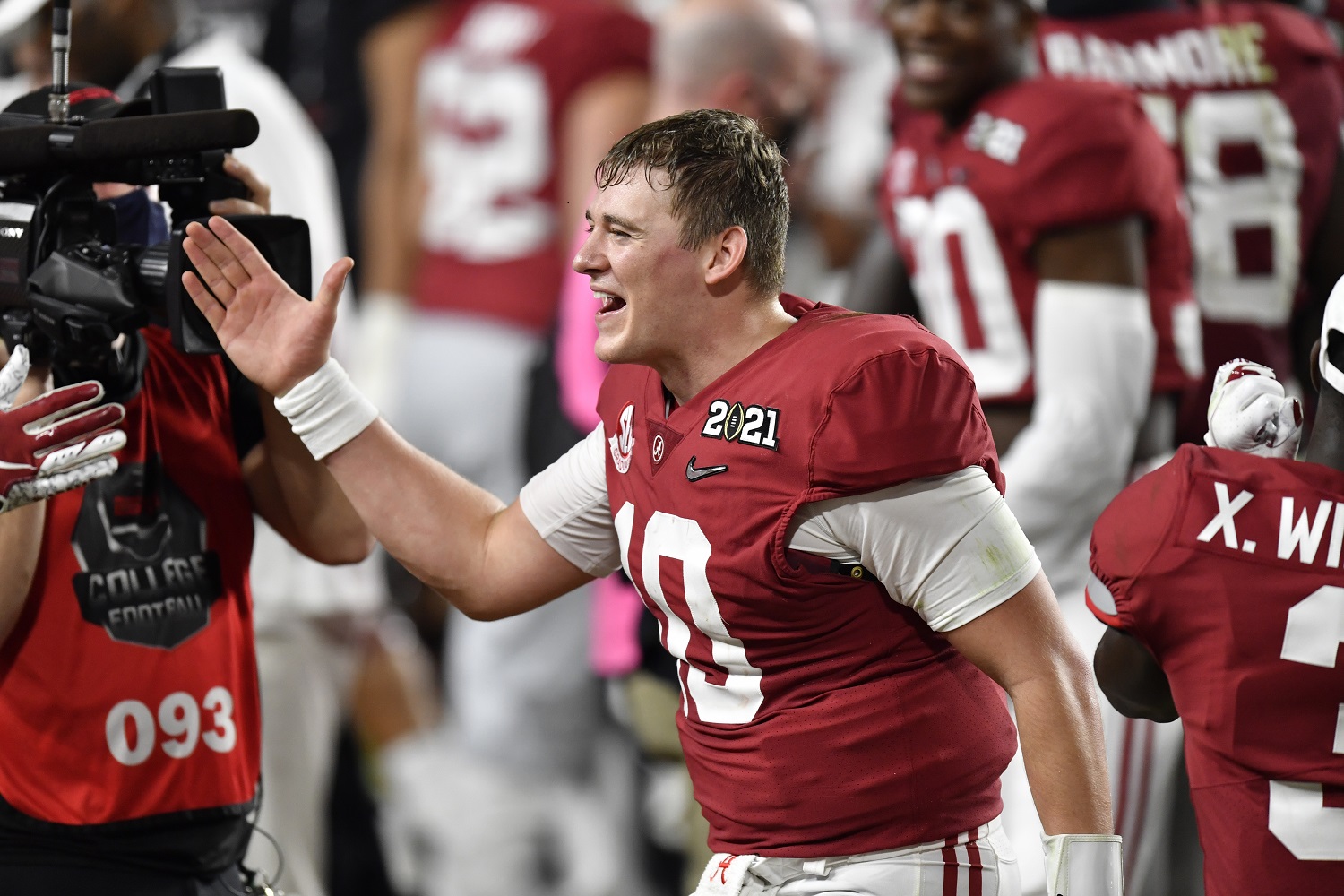 Mac Jones of the Alabama Crimson Tide celebrates after the College Football Playoff National Championship football game against the Ohio State Buckeyes on Jan. 11, 2021 in Miami Gardens, Florida. | Alika Jenner/Getty Images