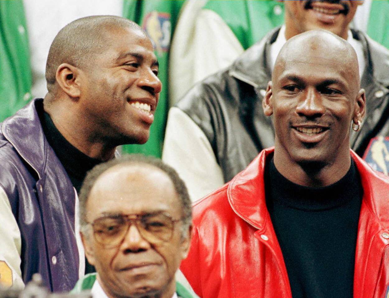 NBA legends Magic Johnson (L) and Michael Jordan.