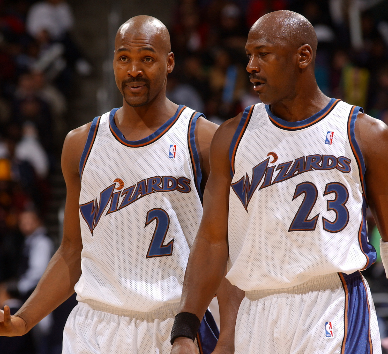 Michael Jordan and Bryon Russell of the Washington Wizards in 2002
