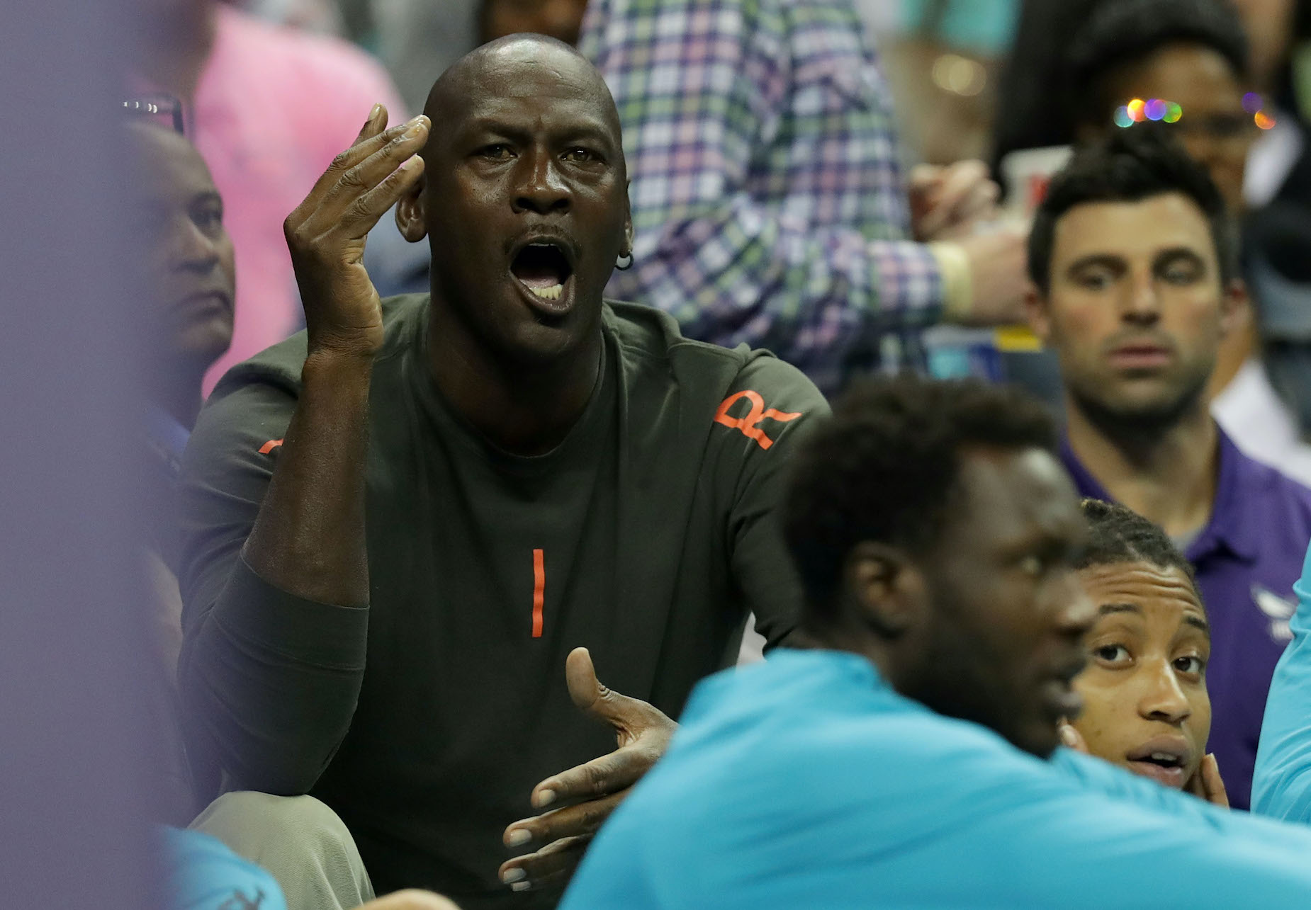 NBA legend and owner Michael Jordan reacts during a 2017 Charlotte Hornets game.