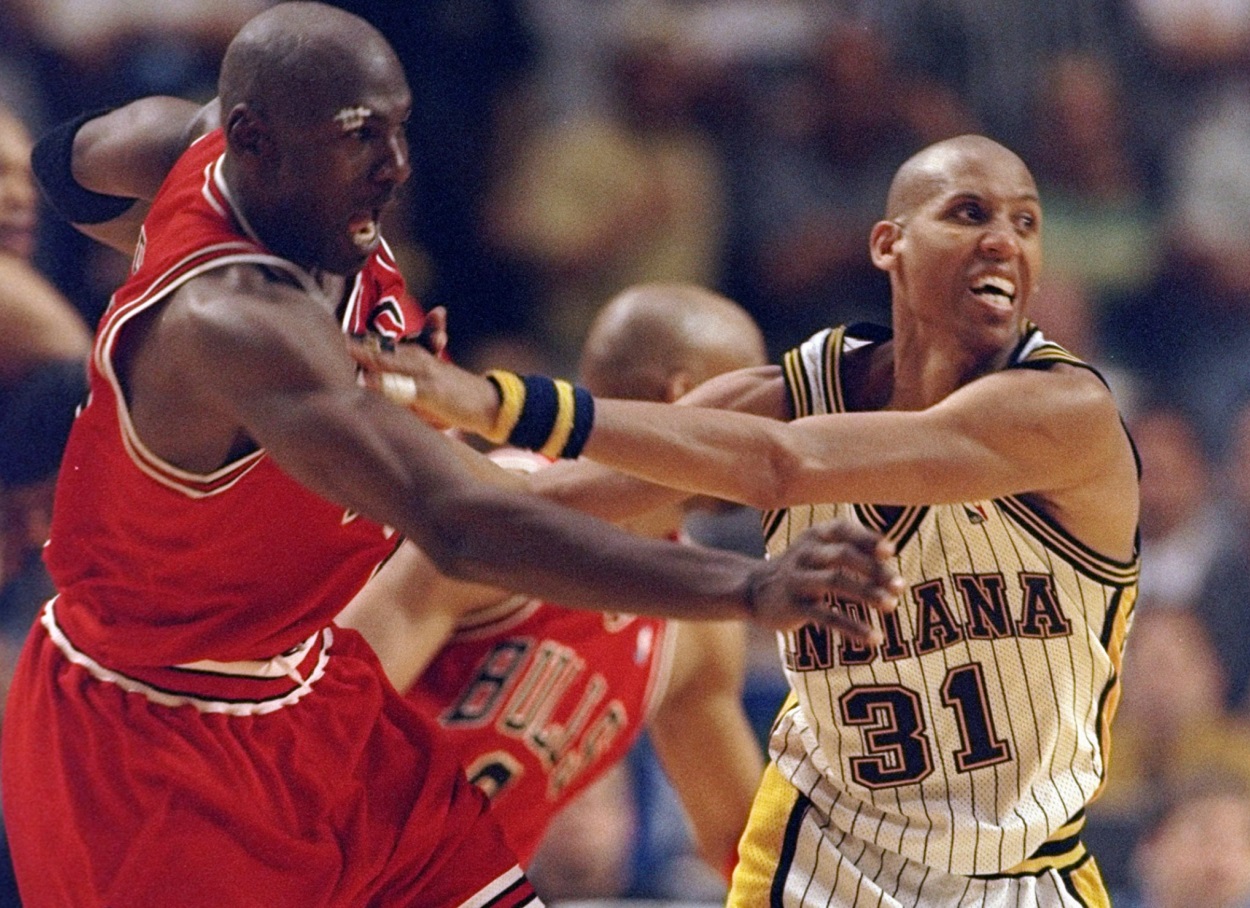 Michael Jordan and Reggie Miller battle during Game 6 of the 1998 Eastern Conference Finals