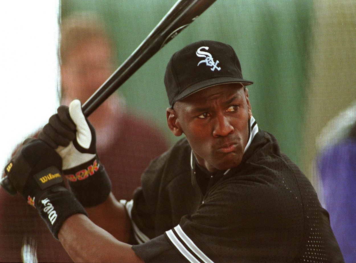 Michael Jordan takes batting practice on the day he signed a contract with the Chicago White Sox